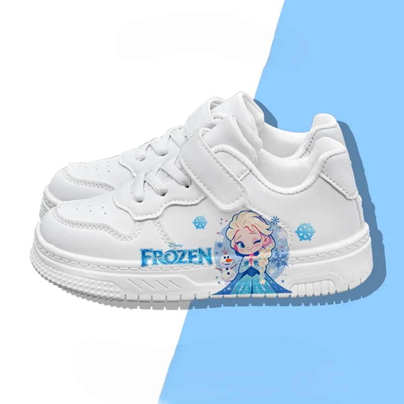 

Kids'Casual Shoes Sneakers Cartoon Elsa PU Leather Printed Spring Shoes For Girls Velcro Anti-slip White Shoes Size 26-37