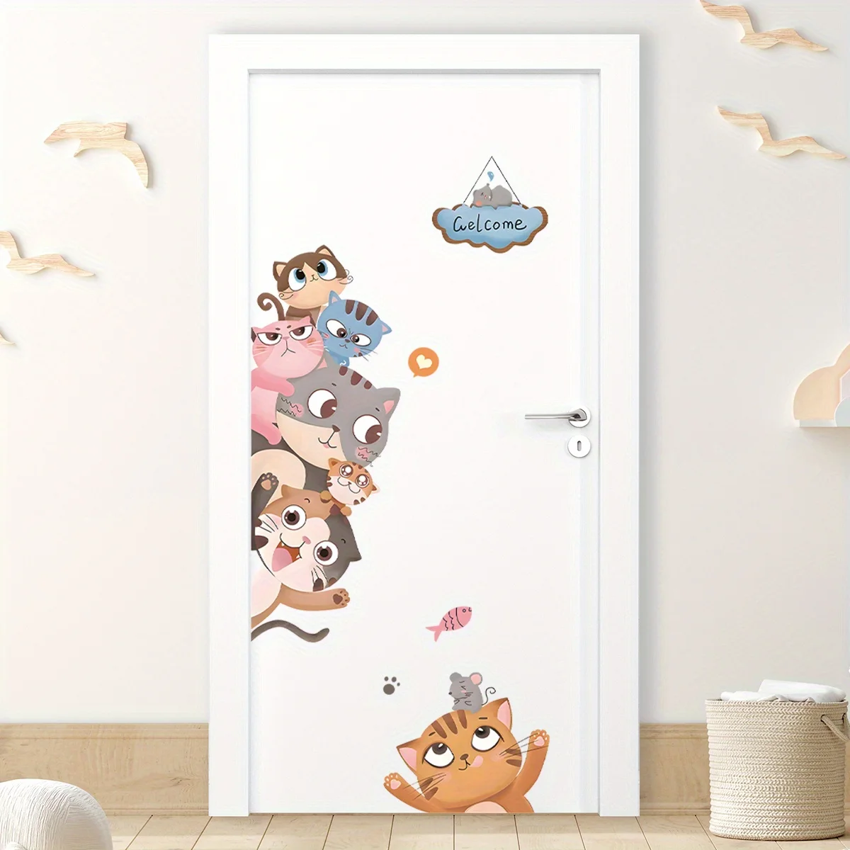 Cartoon Cute Cat Smiling Face Peeking At Animal Door Stickers Removable for Bedroom Living Room Nursery Decoration Wall Decal