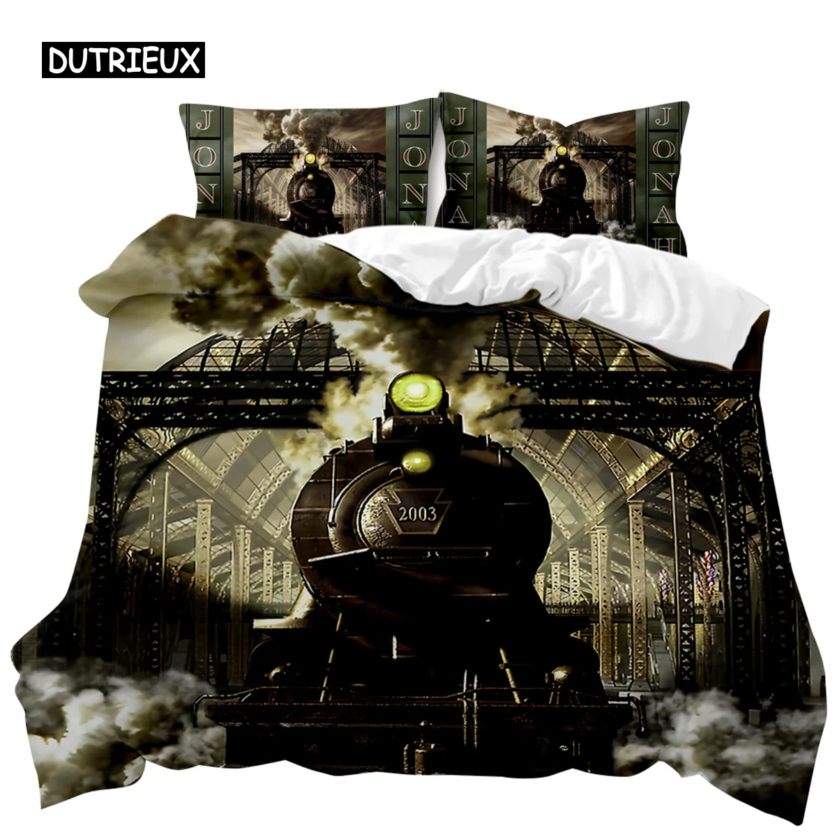 

Steam Train Duvet Cover Digital Illustration of A Locomotive Train on A Steel Railway Track Adventure Art Polyester Qulit Cover