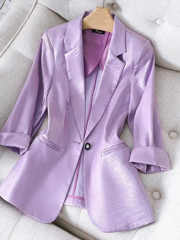 High Quality Satin Office Lady Loose Blazer Jacket Women 2022 Autumn Three Quarter Sleeves Solid Casual Blazers Female Suit Coat