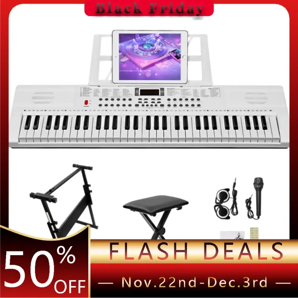 Lighting Keyboard with Piano Stand Piano Bench Built In Speakers Headphone Microphone Music Rest LED Screen 3 Teaching Modes