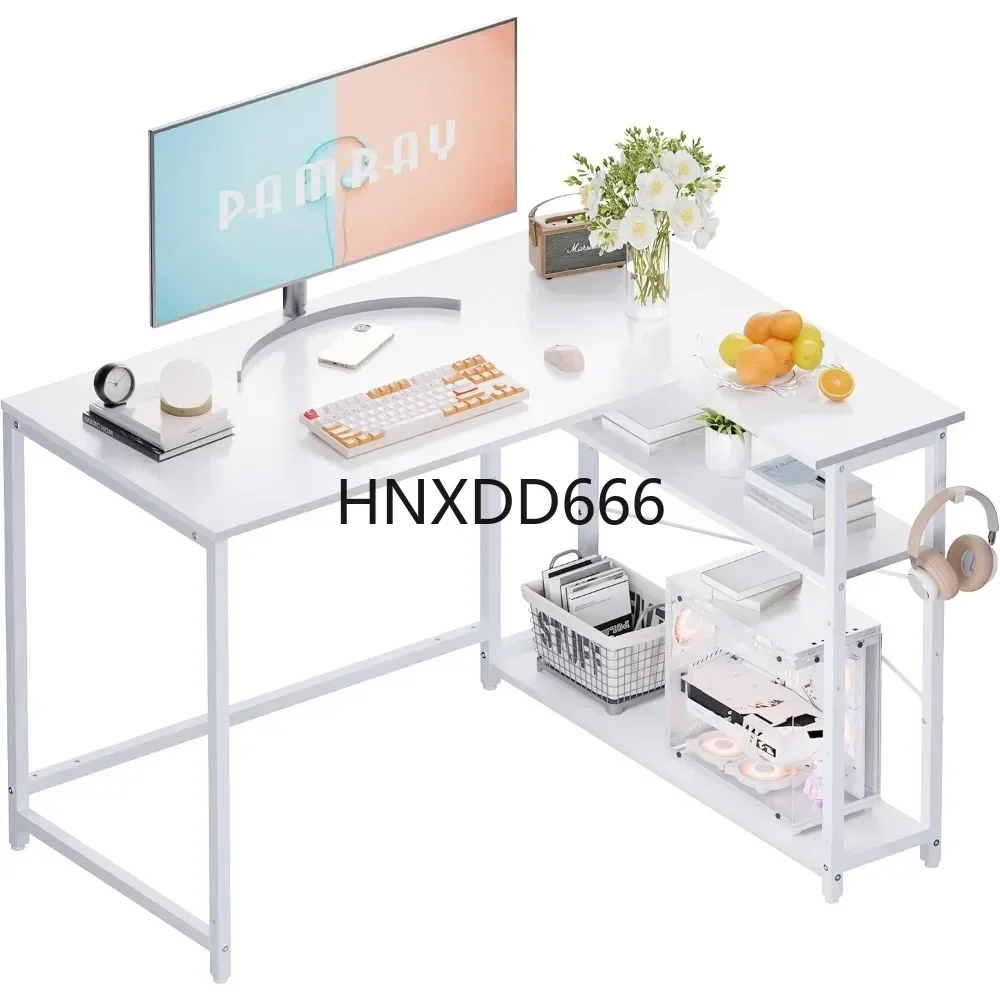 

Shaped Computer Desk with Reversible Side Storage Shelves, Small Corner Desk for Small Space Home Office,