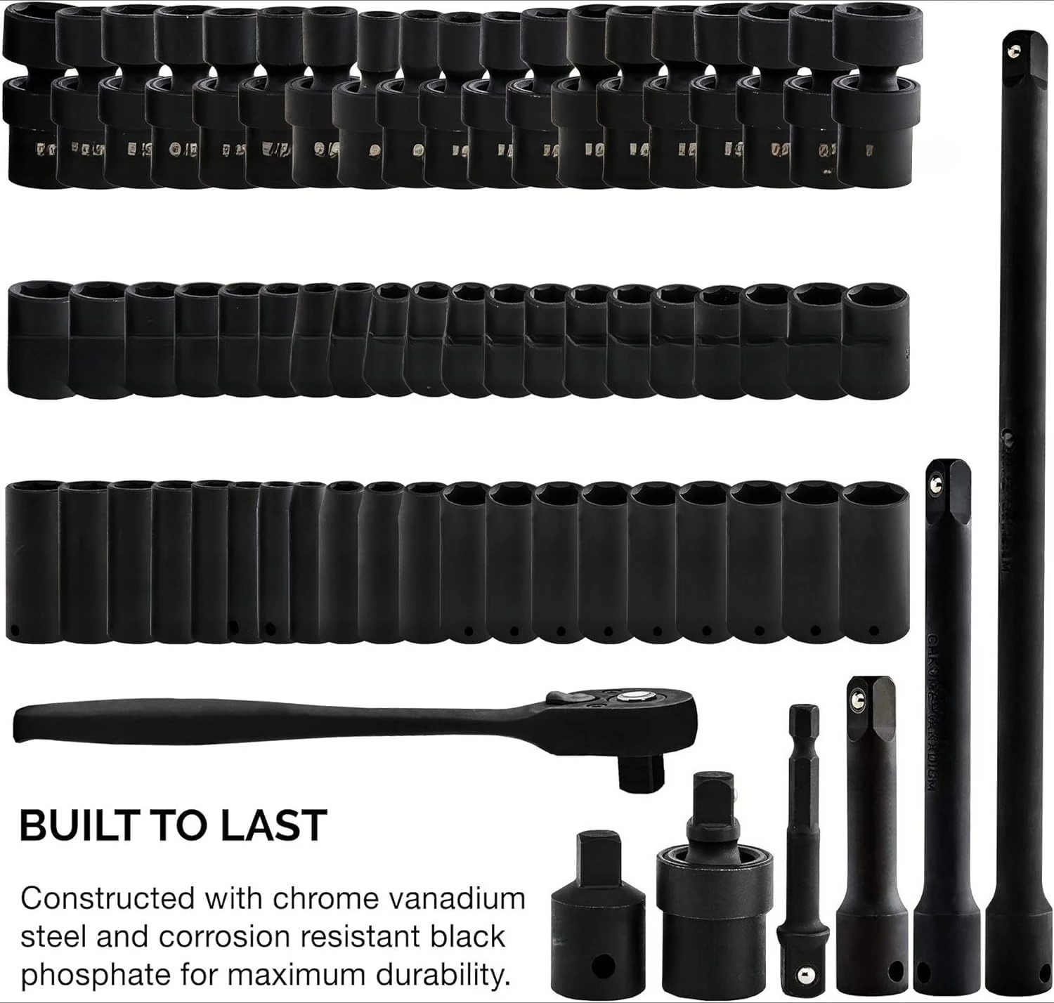 02471A Impact Socket Set, 3/8” Drive, 67 Piece, Metric and Standard Master Socket Set with Shallow & Deep Sockets, Ratchet,New