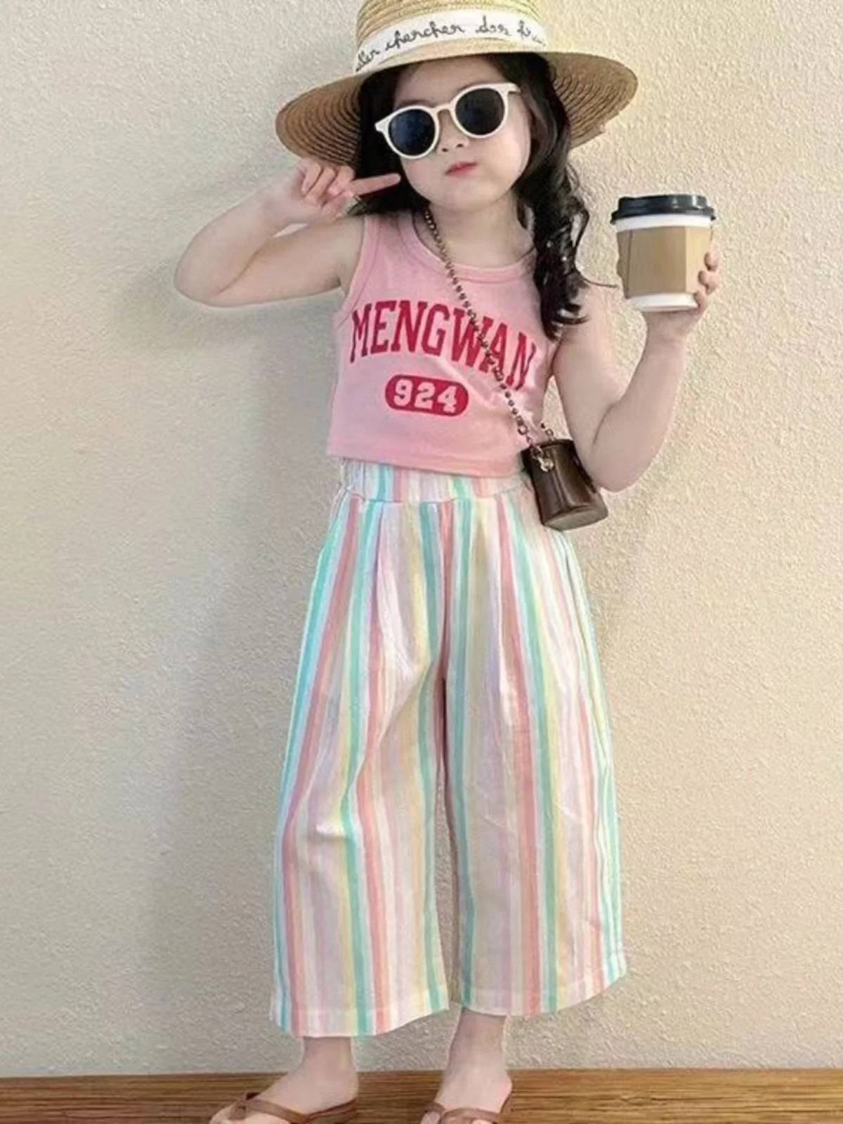 

Летний комплект для девочек: топ с коротким рукавом и широкие брюки в полоску, модный комплект из двух предметов, удобная дышащая одежда для детей