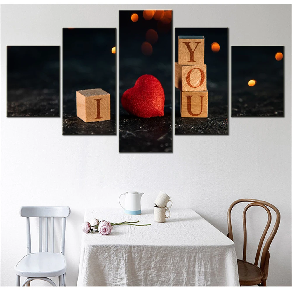 

5 Pieces Canvas Wall Arts Poster Painting Love I Love You Love Heart Wallpaper Home Decor Picture Printing Living Room Mural