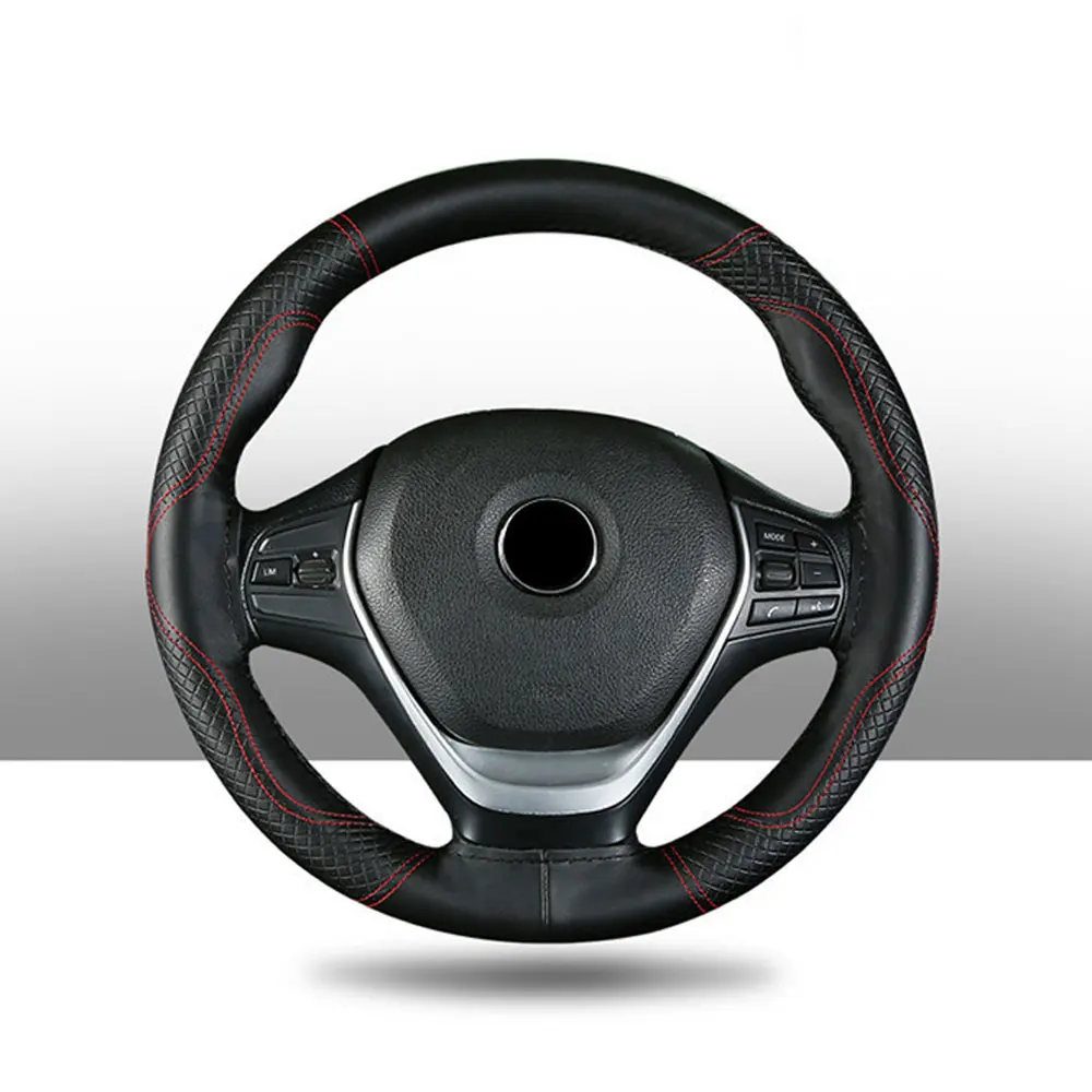 

38cm with Needle Thread Car Steering Wheel Cover Top Layer Cowhide Soft Genuine Leather Braid Black Double Line Hand-stitched