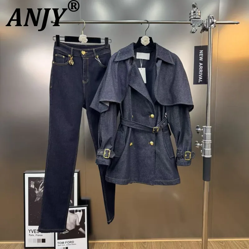 

ANJY, осенняя новая женская джинсовая куртка с отложным воротником, двубортный пояс, элегантное уличное пальто, винтажные шикарные джинсы A10173
