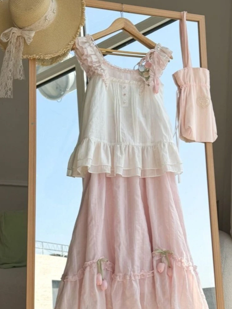 Sweet Kawaii Ruffle Trim Tulip Decor Two Piece Set Women White Pink Sleeveless Cami Top Tiered Midi Skirt Summer Dailywear Outfi view 5