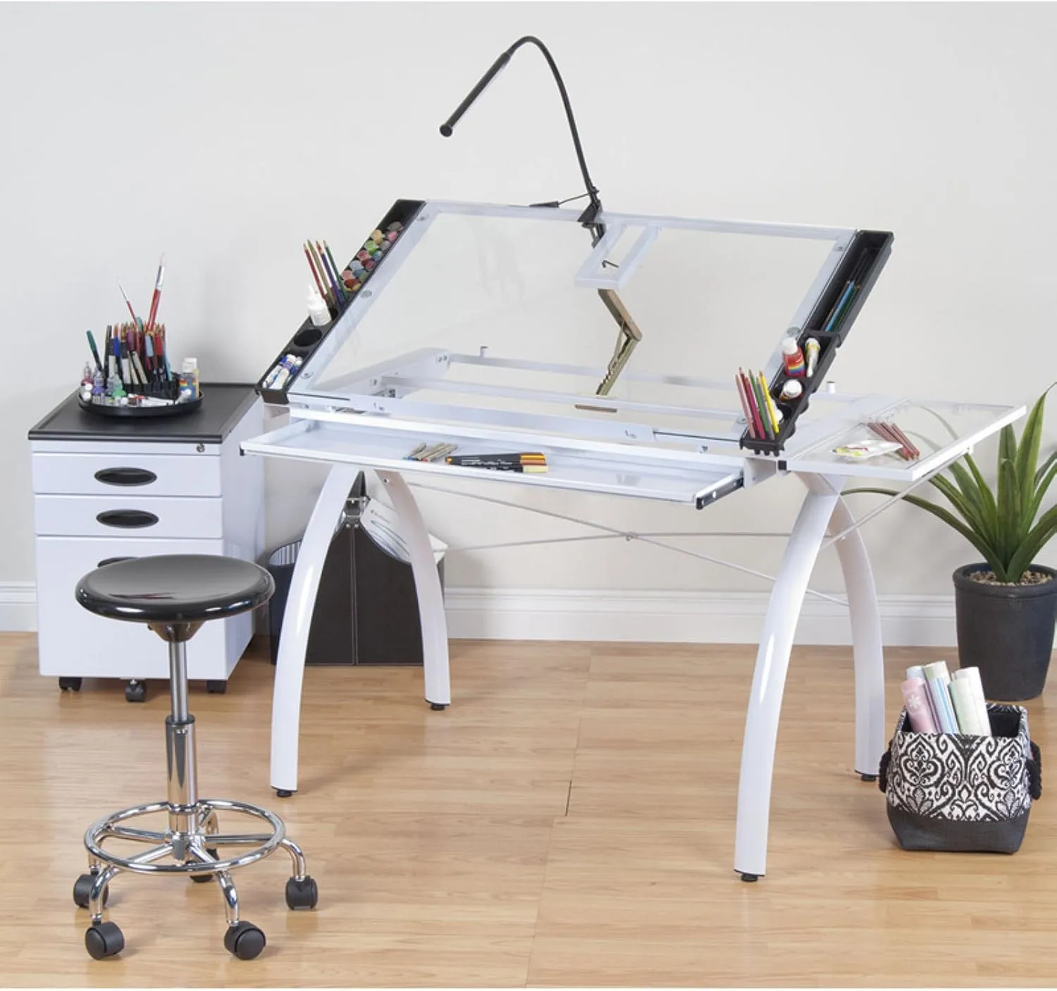 Adjustable Drafting Table with Folding Shelf and Drawer - White/Clear Gla
