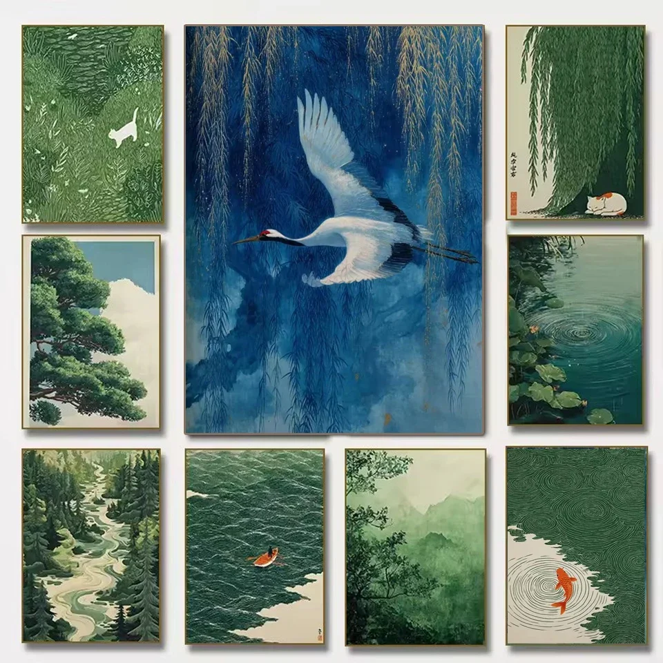5D DIY Diamond Painting New Retro Japanese Forest Koi Fish Zen Water Waves Crane Diamond Mosaic Cross Stitch Kit Home Decorati