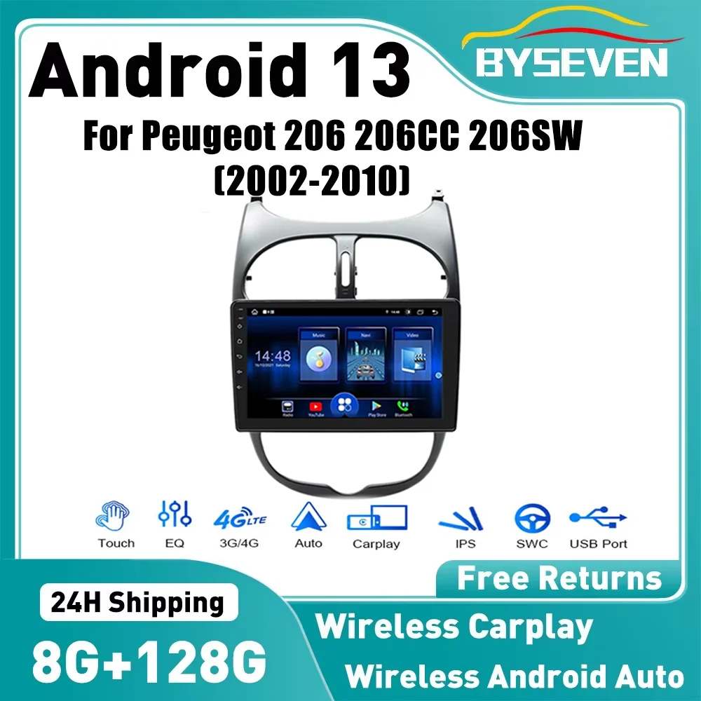 Byseveny 4G/SIM Android 13 For Peugeot 206 206CC 206SW (2002-2010) Radio Car Multimedia Video Player Car Radio Tool GPS/Carplay