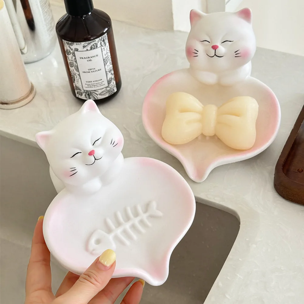 Creative Decorative Soap Dish Cute Cat Shape Bathroom Draining Case Soap Holder Countertop Storage Organizer Home Accessory Box