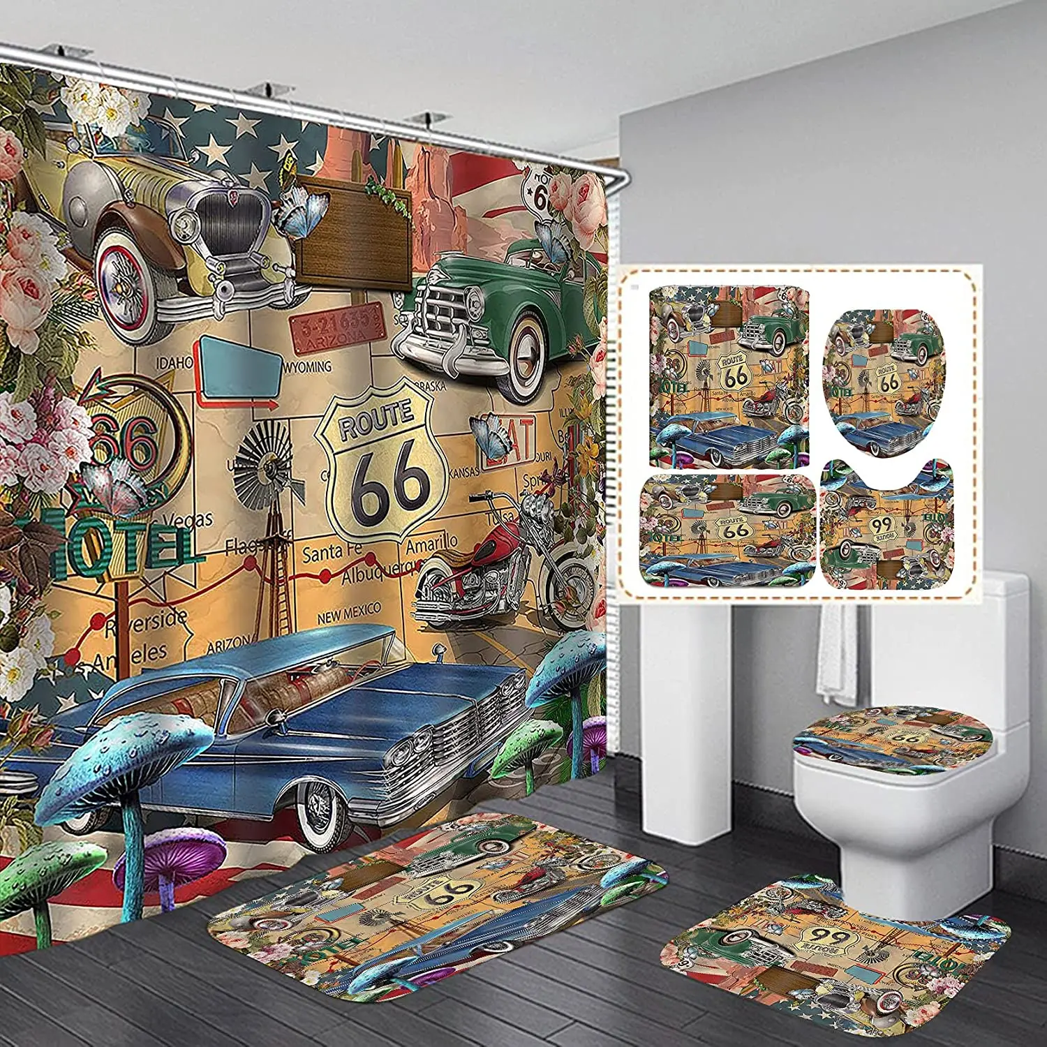 Blue Mushroom Antique Car Shower Curtain Set Us Route 66 Sign Western Motel Motorbike Pink Peony Windmill Rug Bathroom Decor