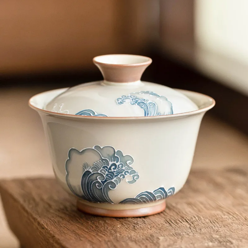 Hand Painted Ceramic Gongfu Tea Gaiwan Stack Carving Wave Design Covered Bowl for Chinese Tea Ceremony