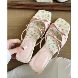 French Pink Bow Diamond High-heeled Slippers with Exposed Toes Sandals  Shoes for Women  Sandal
