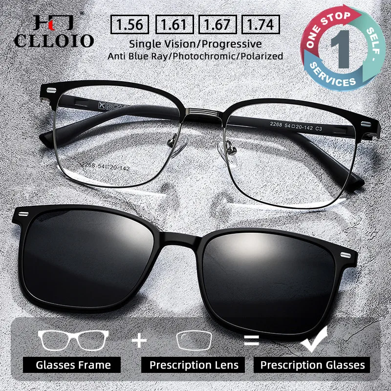 

CLLOIO 2-in-1 Ultra Light Polarized Magnetic Nearsightedness Glasses Men Retro Business Glasses Prescription Progressive Glasses