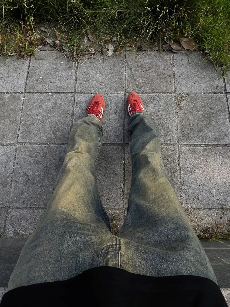 

Retro American Blue Denim Jeans Men's Waed Straight Leg Bell Bot Trendy Street Sle Jeans Faionable Straight Tube Pants