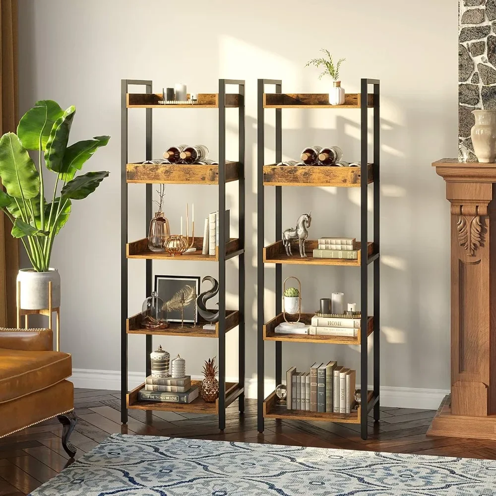 Bookshelf, 5-Tier Storage Rack, Narrow Corner Bookshelf, Display Wooden Shelves for Living Room, Bathroom, Balcony, Ki