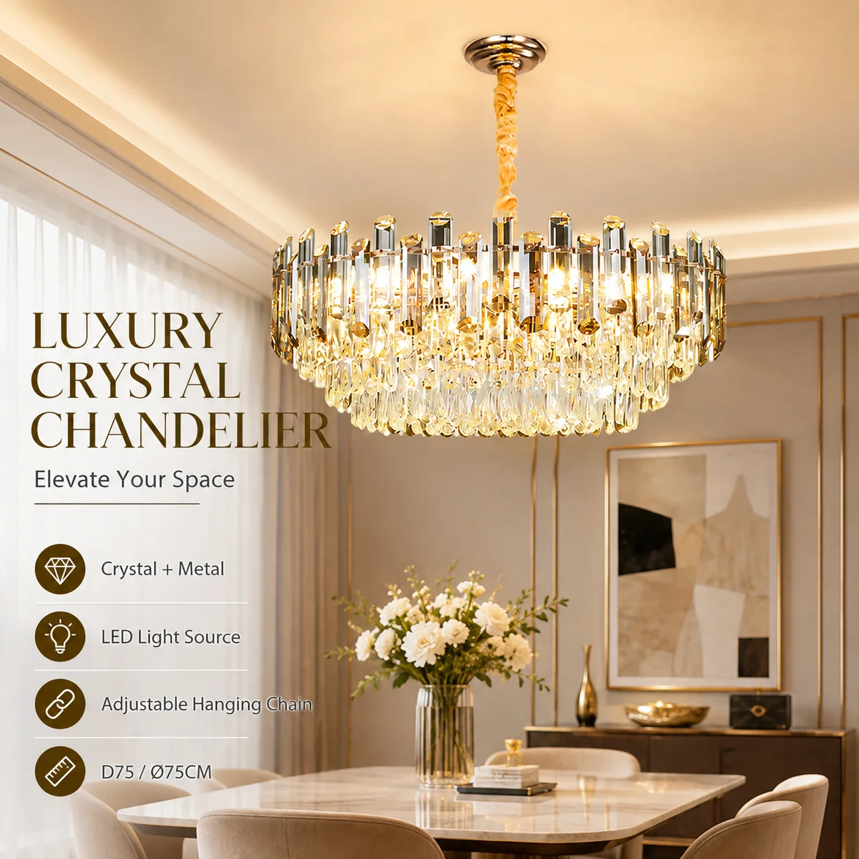 Crystal Chandelier Green LED Pendant Ceiling Light D75 75cm Metal Crystal Lamp for Bedroom Living Room Dining Room Home Decor