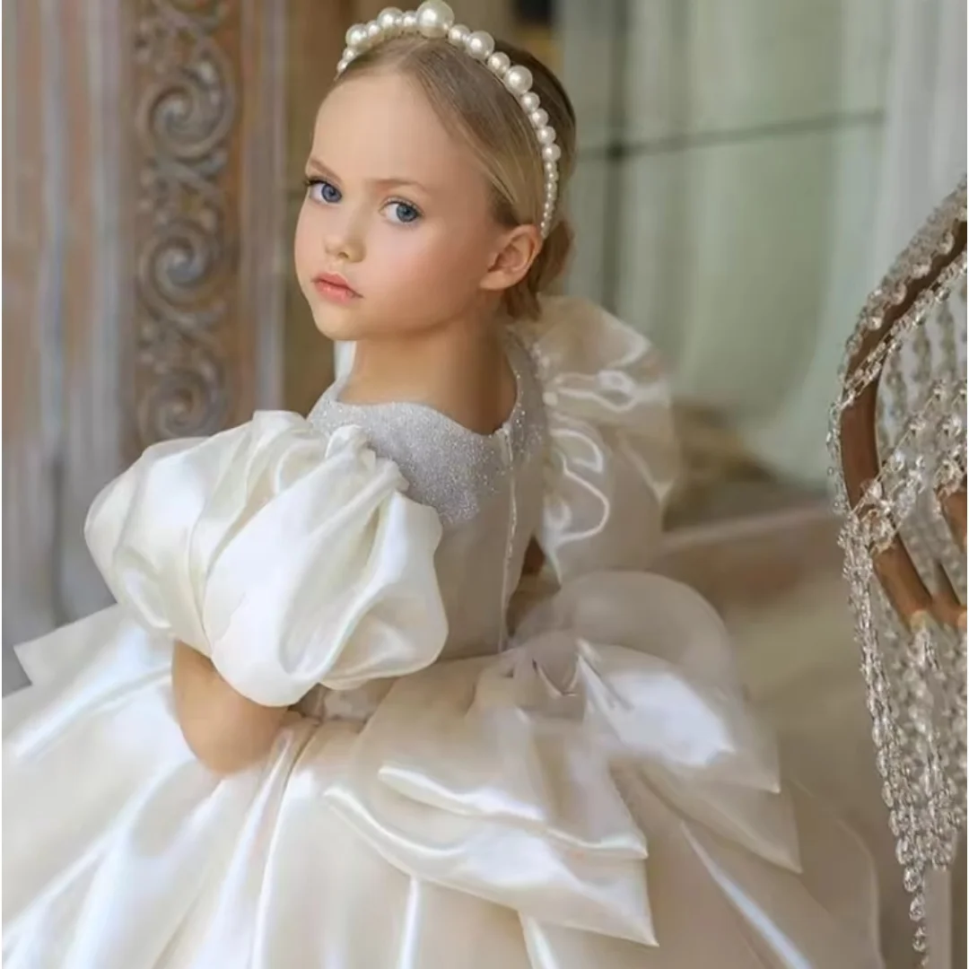 Flower Girl Dress White Satin Puffy Sleeve Sequin Neck Big Bow Kids Princess Ball Gown Birthday Wedding Communion Party Dress