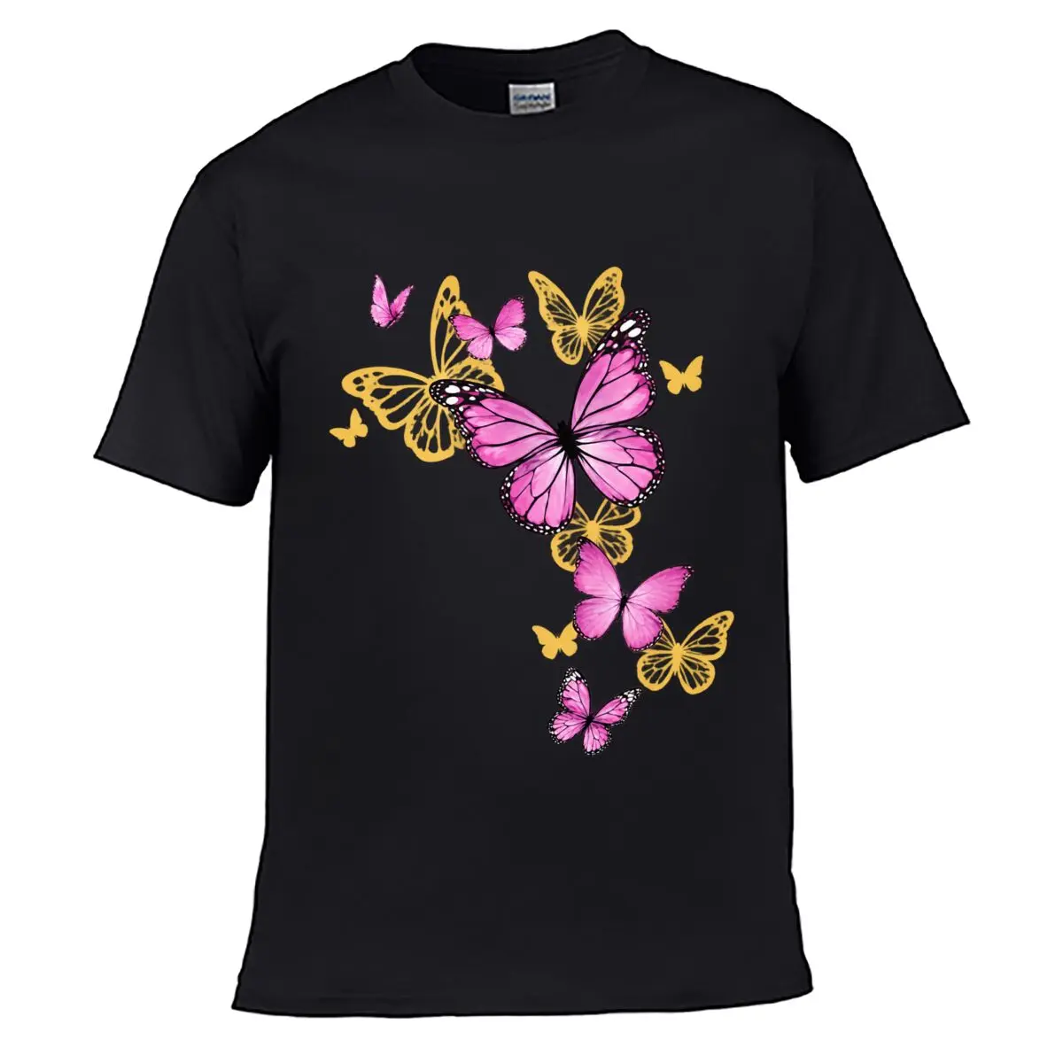 Pink Yellow Butterfly Cluster Watercolor Design Solid Washed Vintage Tee Distressed Loose