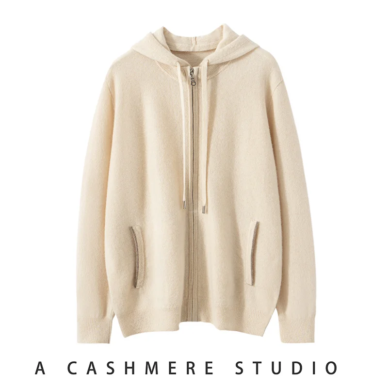 

100% Cashmere Coat Men's Knitted Hooded Zipper Cardigan Autumn and Winter New Business Casual Long Sleeved Men's Clothing Jacket