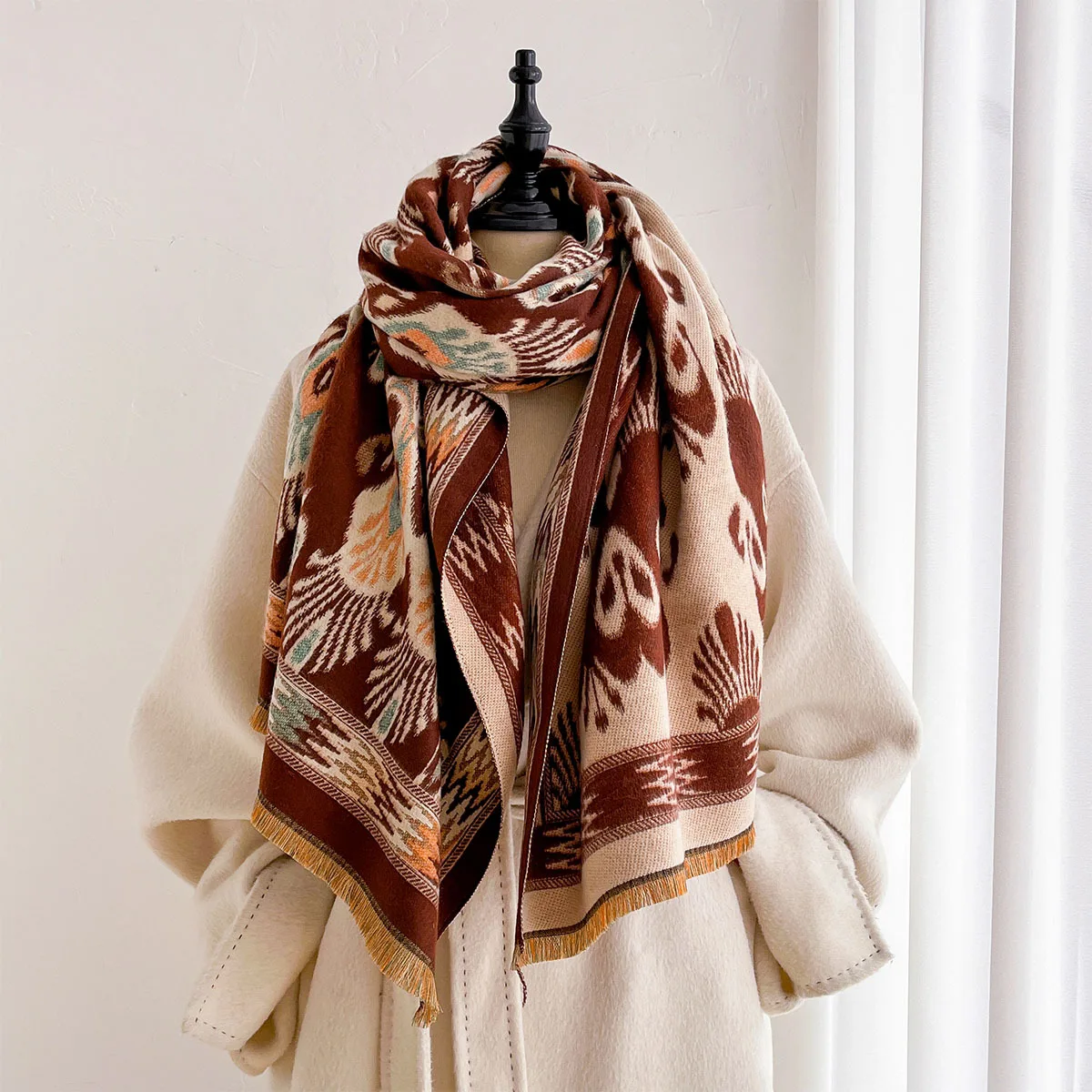 Women Casual Outerwear Imitation Cashmere Scarf Bohemian Peacock Feather Printing With Tassel Fringe Soft Thick Long Shawl