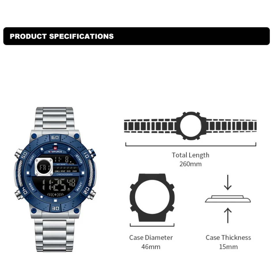 NAVIFORCE ساعة رجالية فاخرة ليلة خفيفة ساعة الأعمال مقاوم للماء حزام الفولاذ المقاوم للصدأ LCD شاشة ديجيتال حركة الصبي على مدار الساعة #5