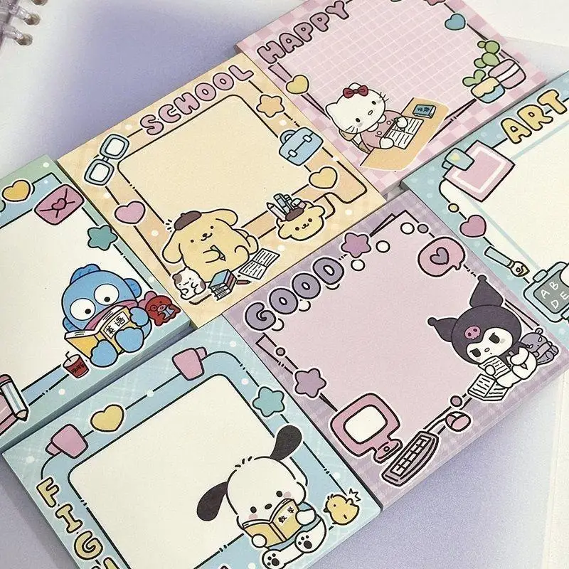 6Pcs Sanrio Hello Kitty Kuromi Cinnamoroll Viscous Sticky Note Hand Accounting Material Comic Message Book Notepad Index Sticker