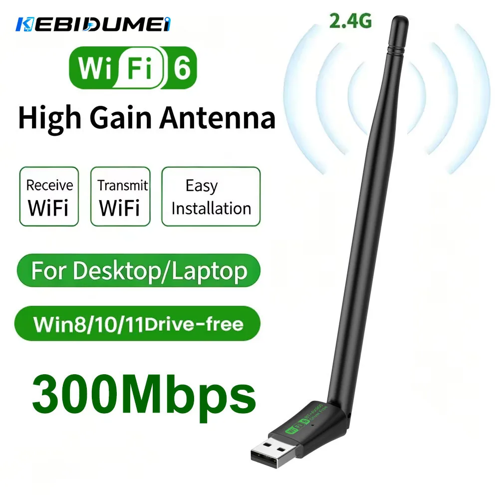 KEBIDUMEI WIFI 6 USB Adapter AX286 Network Card Dongle 2.4GHz 802.11AX Antenna Signal Reception for Laptop PC Driver Free
