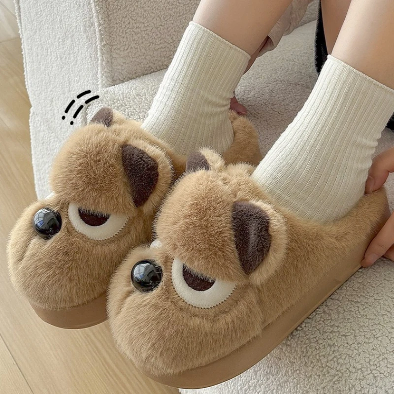 Pantoufles d'intérieur moelleuses en fourrure de chien en colère pour femmes et hommes, chaussures de maison chaudes, peluche douce, dessin animé drôle, diapositives en coton pour Couples
