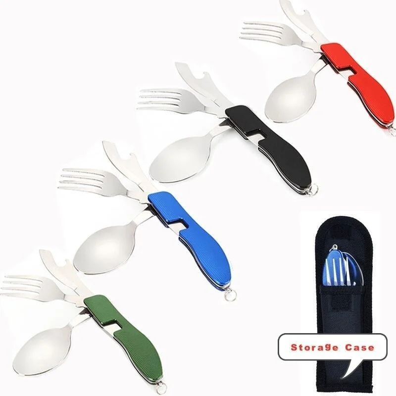 4 in 1 Camping Utensils Cutlery - Camping Stainless Steel Folding Pocket Kits for Hiking Survival Camping Travel