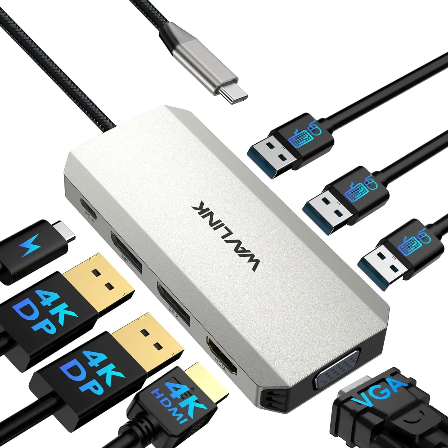 Quad Monitor Docking Station with Dual DP, HDMI, VGA, 100W PD, 3x USB-A 2.0 for Windows Laptops