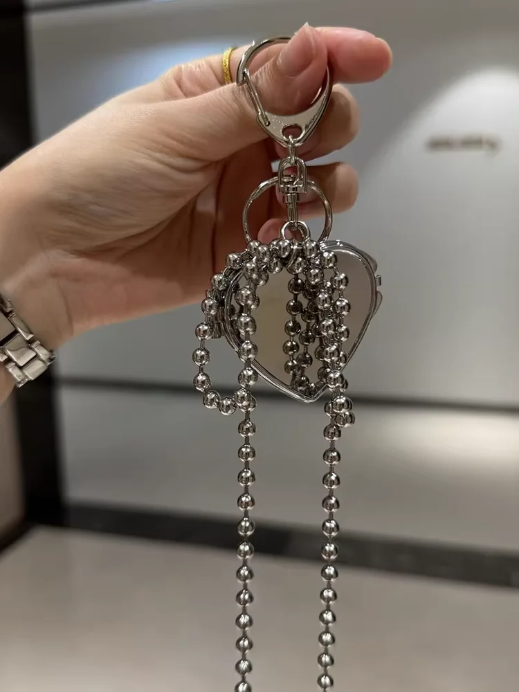 

New Trendy Sweet Metal Mirror Heart-shaped Bead Keychain Pendant For Women Gift