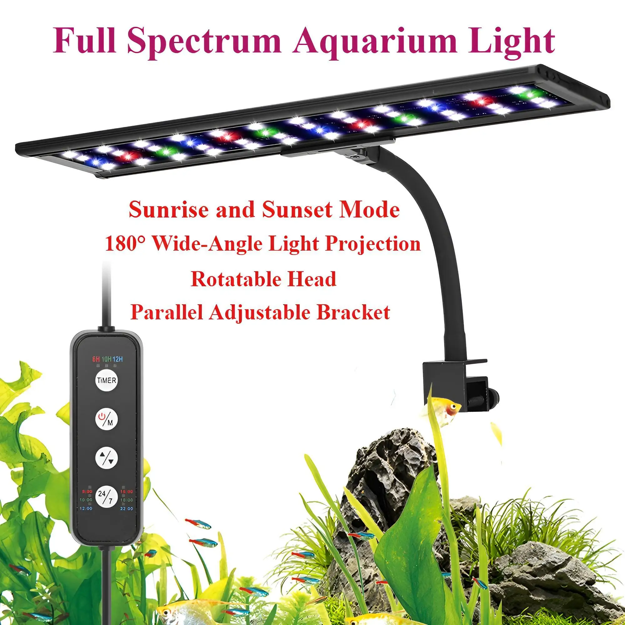 

Светодиодный светильник для аквариума, полный спектр, режим естественного освещения 24/7, 7 цветов + RGB, таймер, диммер, память, лампа для аквариума