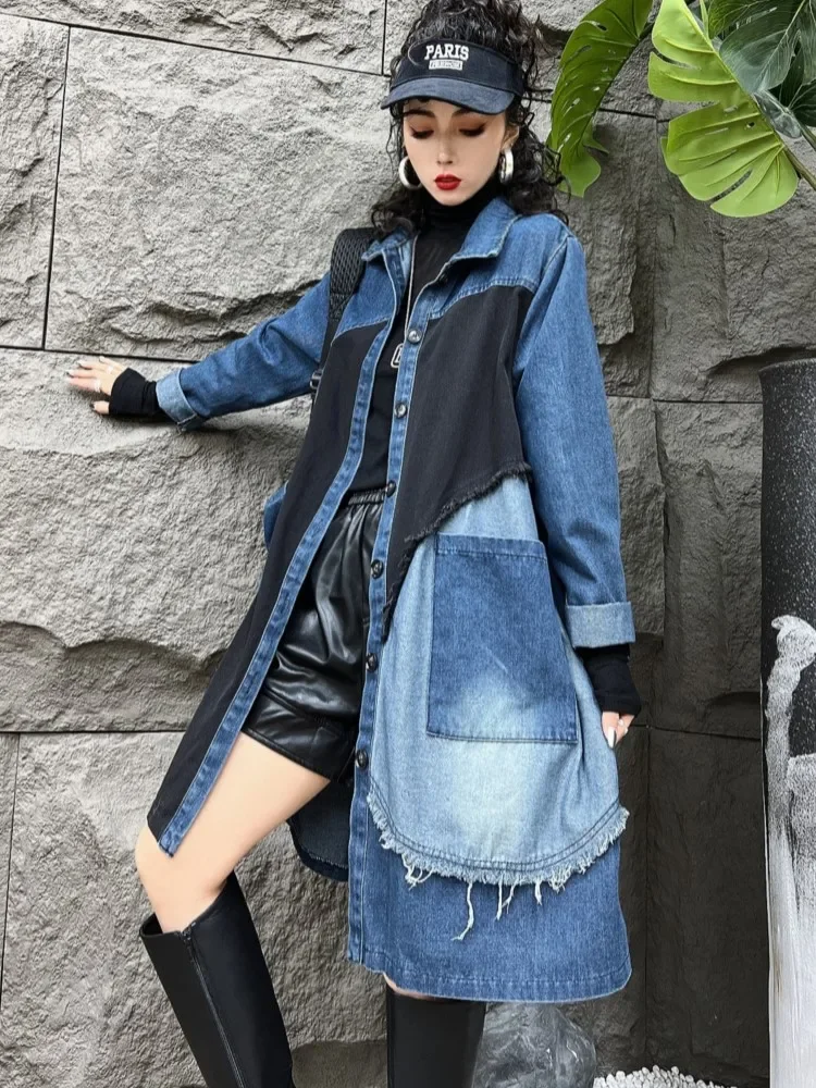 

Oversized Denim Autumn Midi Trench Coat Women Fringe Fashion Patchwork Pleated Ladies Windbreaks Casual Loose Woman Trench 2024