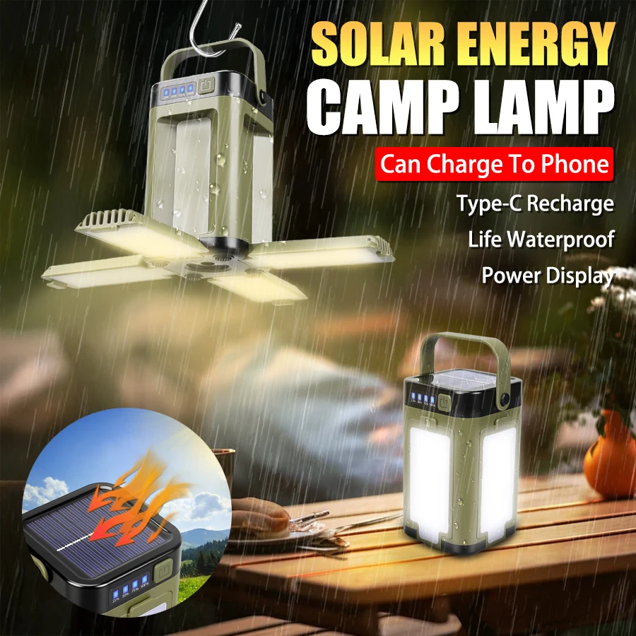 Portable LED Solar Camping Lamp USB Rechargeable Powerful Flashlight Foldable Tent Lamp Emergency Lighting Power Bank Torch