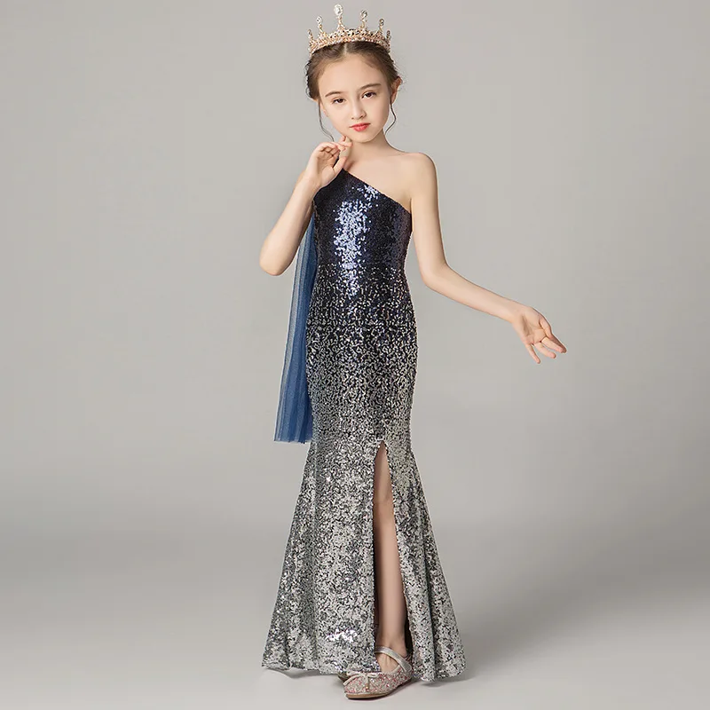 Children Evening Dress Summer Girl Fishtail Princess Dresses Kid Model Catwalk Host Piano Performance Irregular Collar Ball Gown