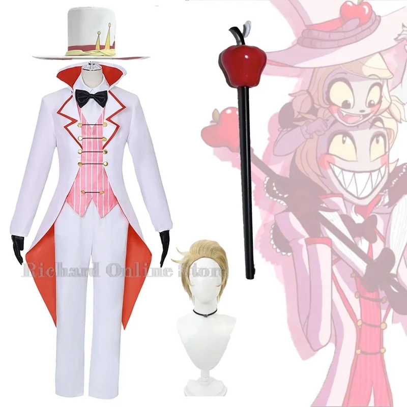 Hazbin Lucifer Morningstar Cosplay Fantasias, Peruca, Chapéu, Fato, Roupa branca, Suporte, Bastão de maçã, Festa de Halloween, Anime