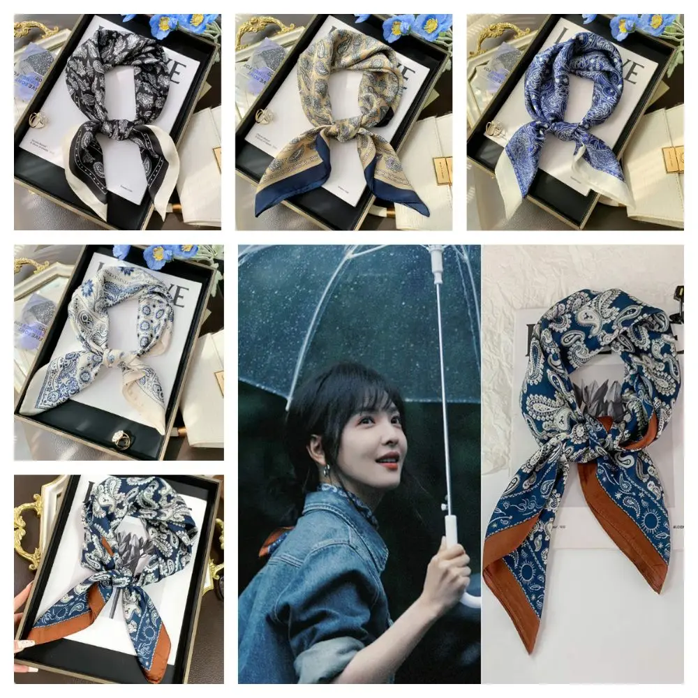 Trendy Square Silk Scarf Flower Pattern Double Sides Head Handkerchief 70*70cm Handbag Wraps Bandana Female