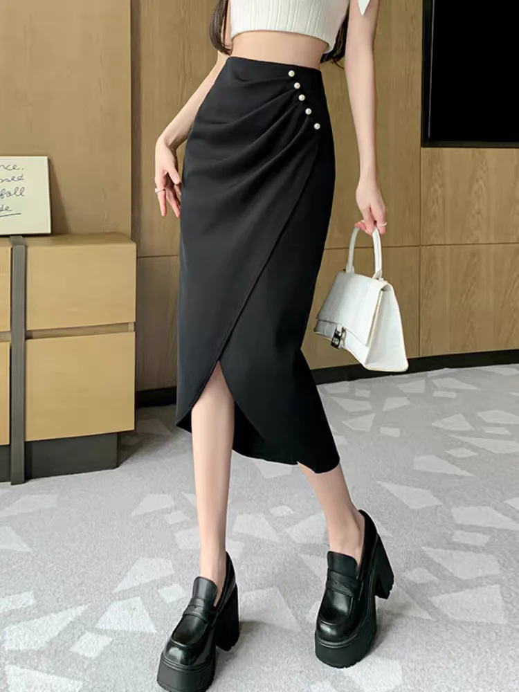 Women's Asymmetric Split Pencil Skirt Pleated Chiffon Skirt Spring Summer New High Waist Slim Office Midi Skirt
