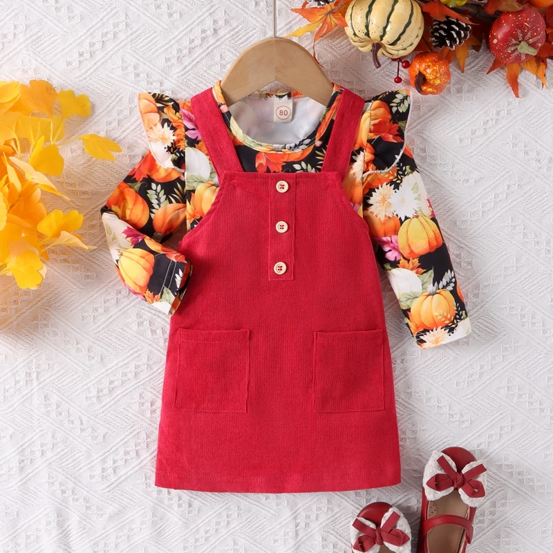 

BeQeuewll Girls Halloween Strap Pants Autumn Set 2 Piece Outfits Pumpkin Print Tops Solid Color Button Overall Dress Sets