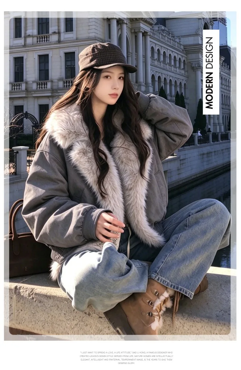 2026 Fashion Down Cotton-padded Jacket Women's Winter Coats Long Fur Collar Short Parkas Thicken Warm Streetwear Loose Outerwear
