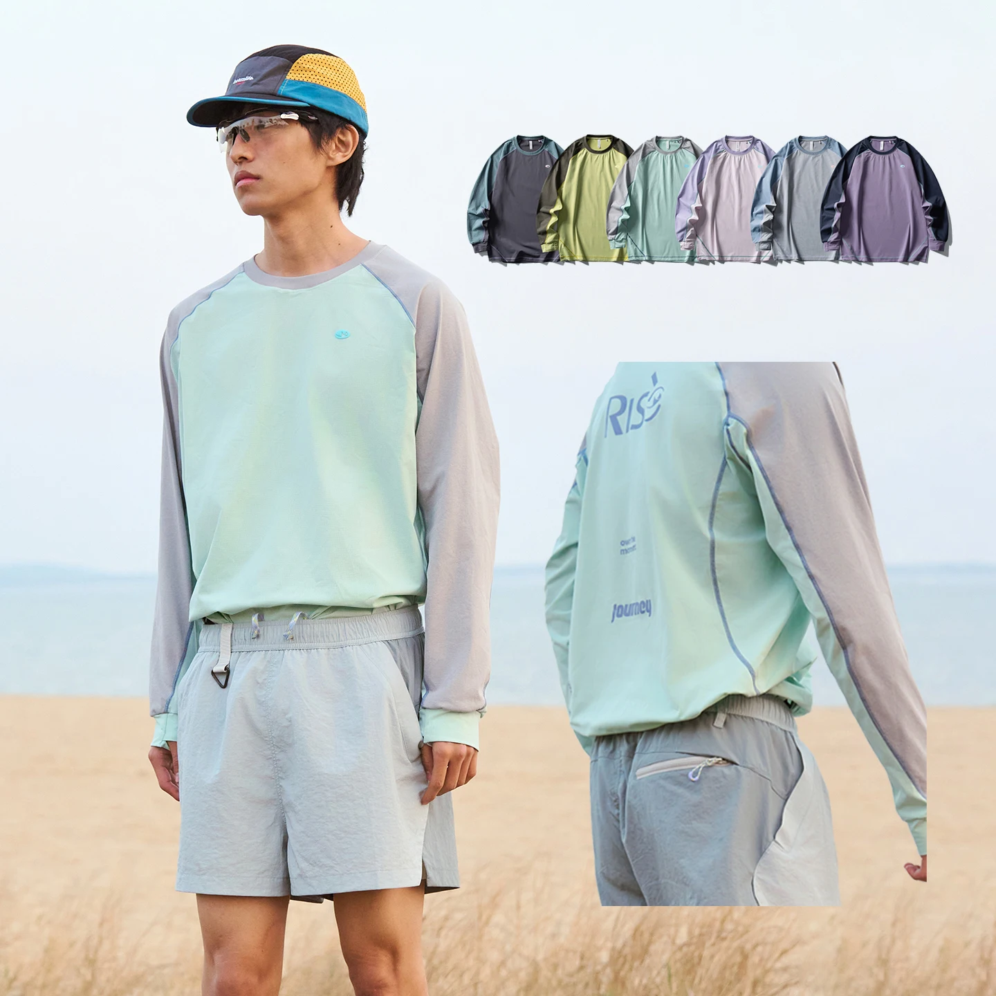 Unisex Loose Lightweight Outdoor Sun Protection Quick Dry Tee Color Block Raglan Antibacterial Sports Long Sleeve Top