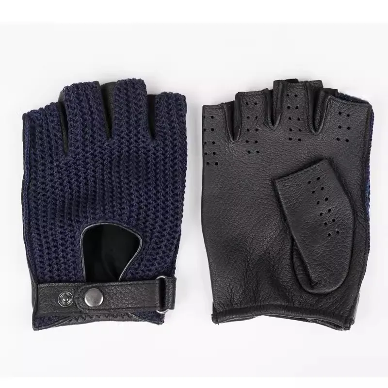 Semi-Fingers Gloves Unisex Knitted Sheepskin Patchwork Retro Riding Driving Women Half Finger Mittens Men Leather Gloves LSH01