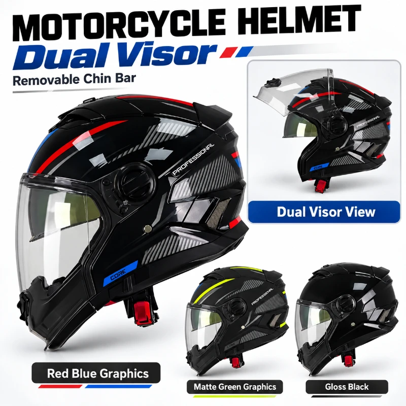 Flip Up Helmet Dual Visor - Motorradhelm mit Doppelvisier und abnehmbarem Kinnbügel,