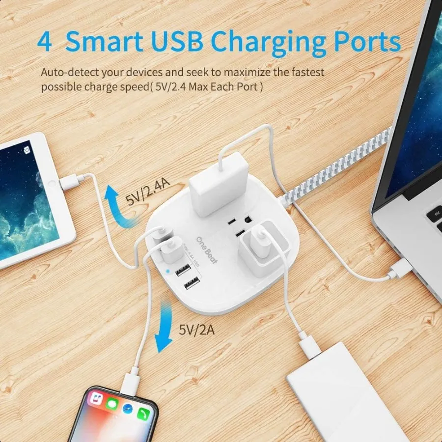 قطاع طاقة لسطح المكتب مزود بـ 3 منافذ و4 منافذ USB بقابس مسطح 4.5 أمبير وسلك تمديد مضفر بطول 5 أقدام لسفينة كروز Tra