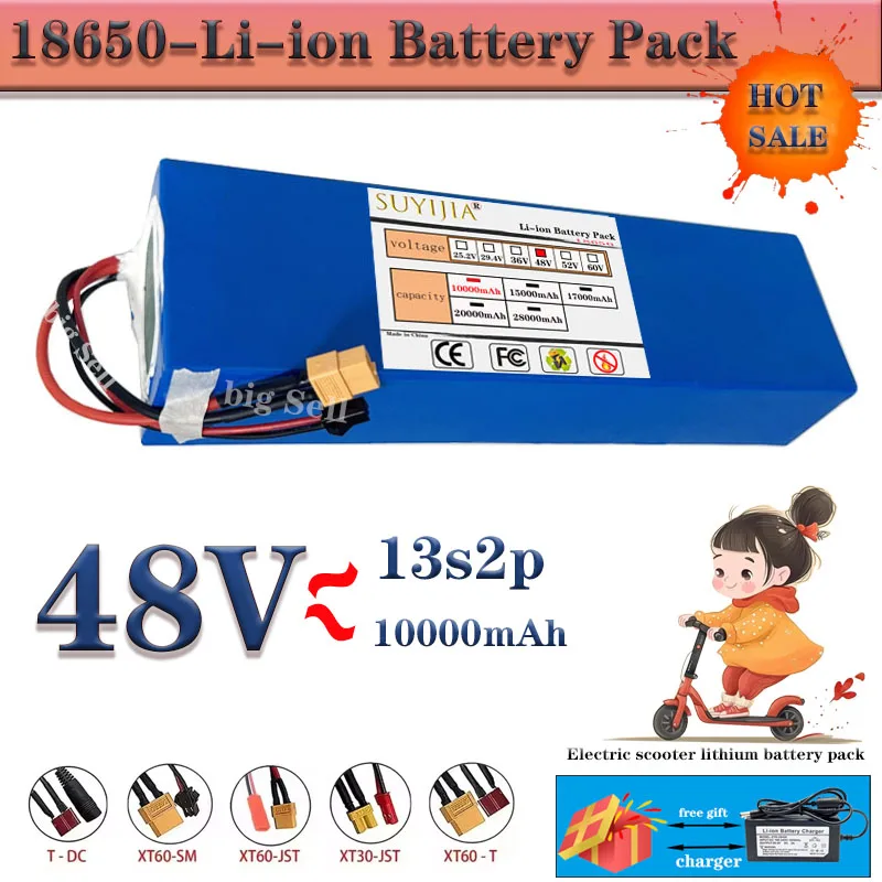 13S2P 48V 10Ah high power 18650 battery electric vehicle electric motorcycle DIY battery with BMS+ free 54.6V 2A charger