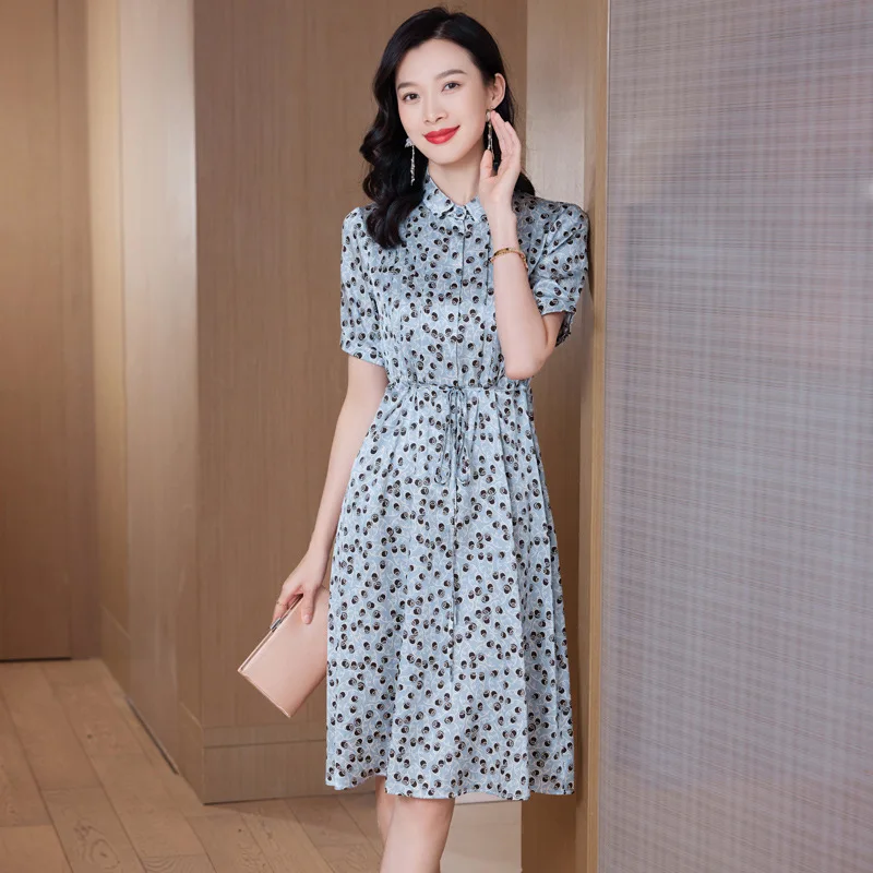 Birdtree 91.2%Mulberry Silk 8.8% Spandex Commuting Dress Women's New Autumn Wave Dot Waist Shirt Neck A-line Dresses D39940QC