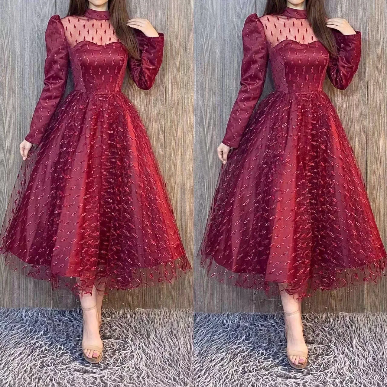 SKMY-Vestido de Natal Vermelho Feminino, Gola Redonda, Manga Comprida, Cintura Alta, Linha A, Monocromático, Vestidos de Noite, Roupa de Outono, Novo, 2022